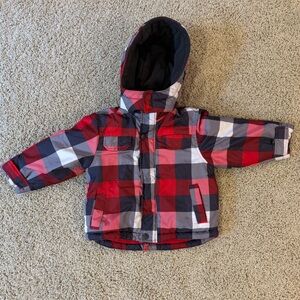 Boys Carter Winter Puffer Jacket Red Black White Plaid with Hood 3T